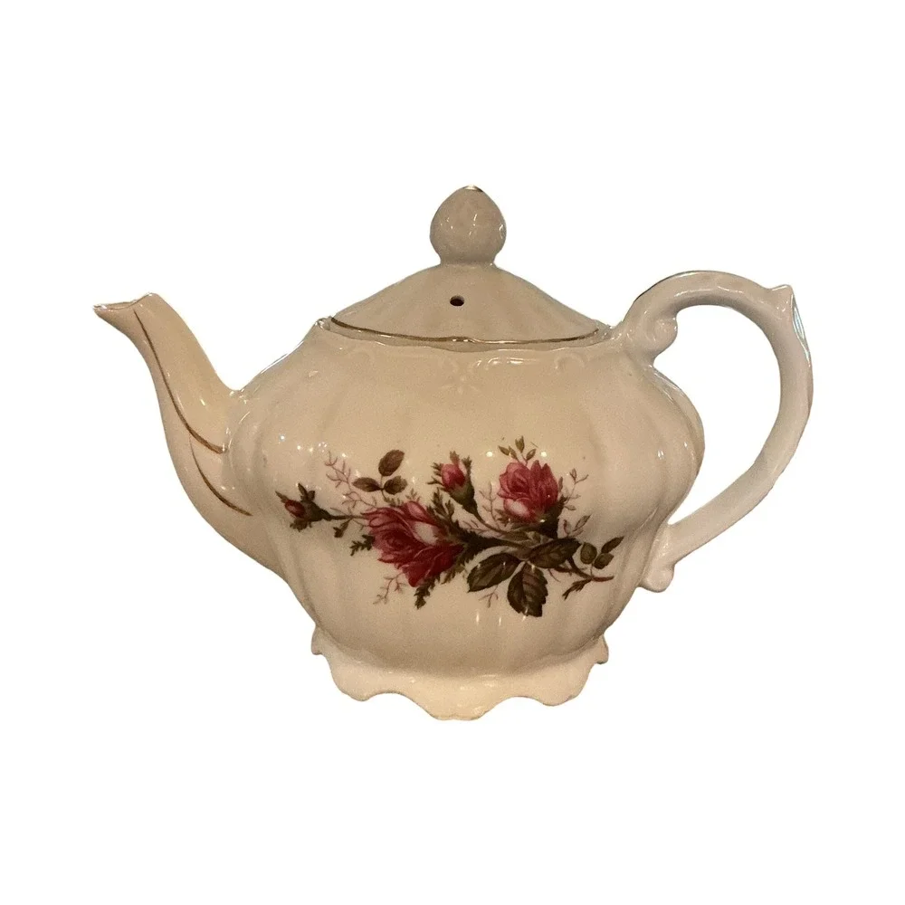 Vintage Musical Ceramic Teapot Pink Rose‎ Gold Floral Scalloped Cream Porcelain